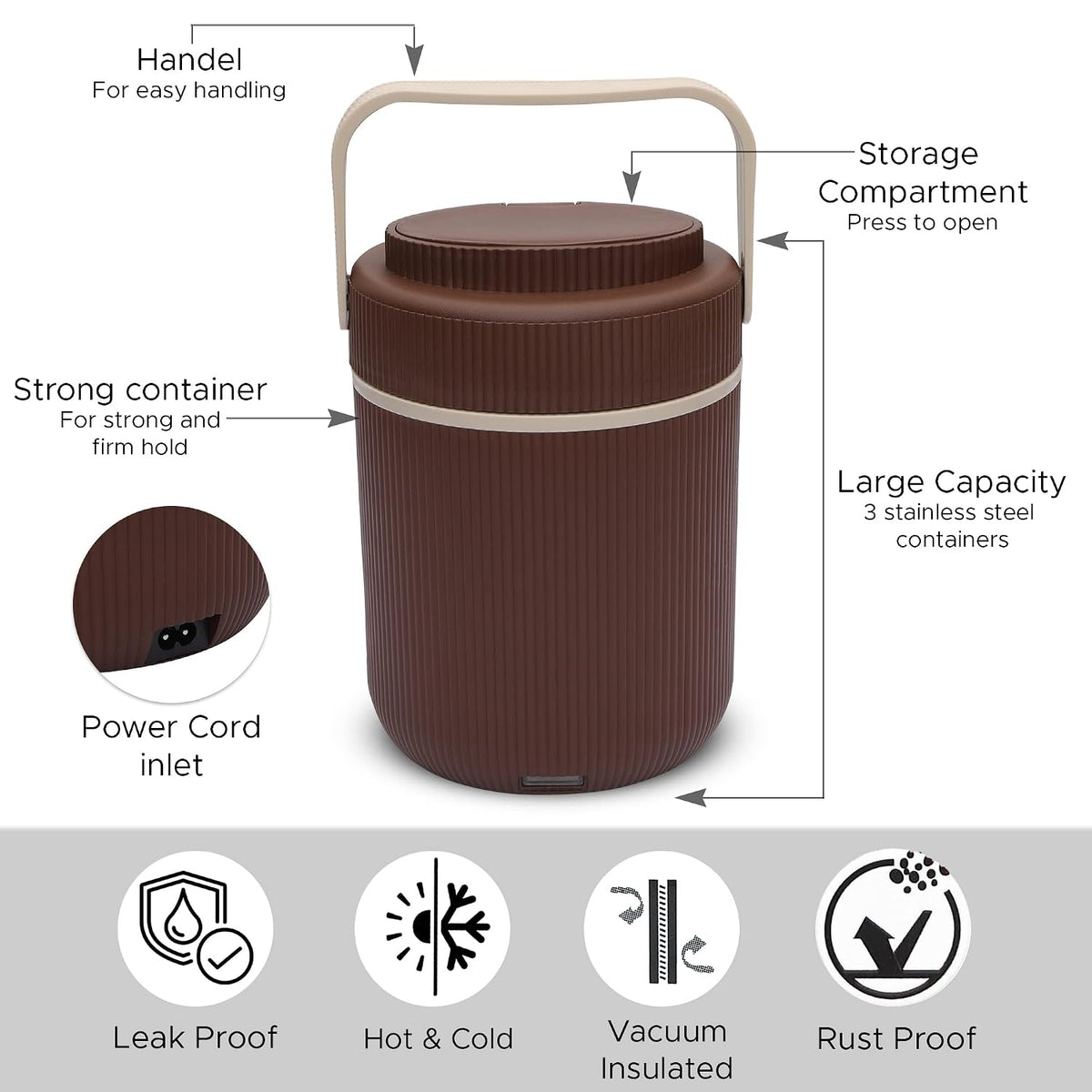 Jaypee Plus Ribbline Electric Lunch Box with 3 Stainless Steel containers 300X3 ml Lunch Box for Office, Travel Easy to Carry Handle Convenience case for Power Cord Food Grade, Brown