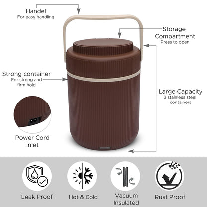 Jaypee Plus Ribbline Electric Lunch Box with 3 Stainless Steel containers 300X3 ml Lunch Box for Office, Travel Easy to Carry Handle Convenience case for Power Cord Food Grade, Brown