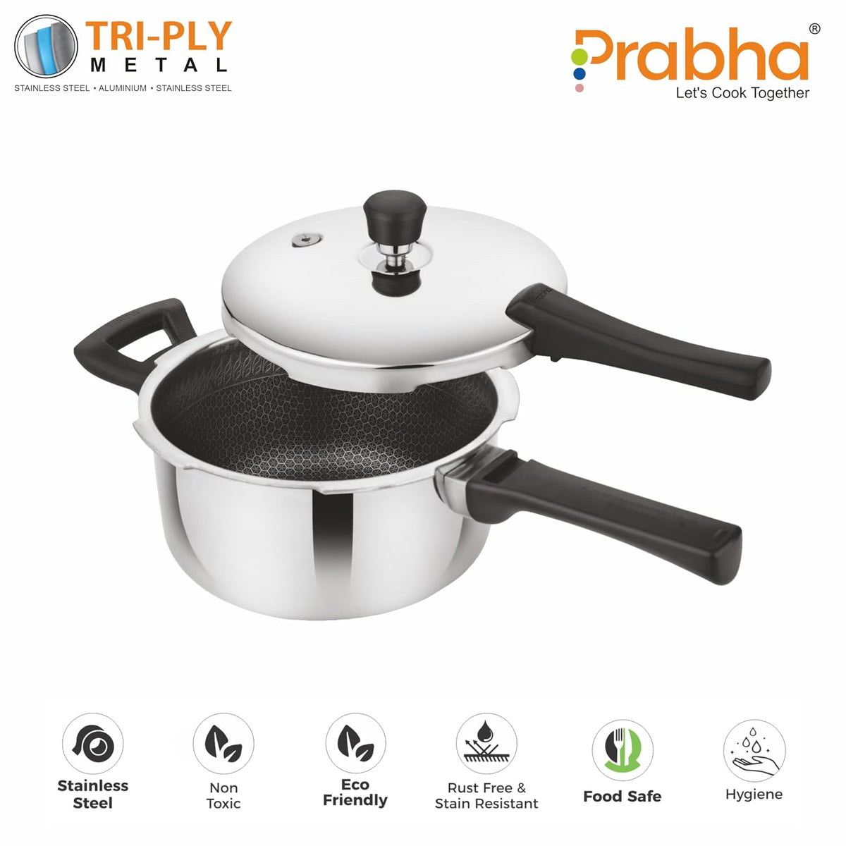Prabha Stainless Steel Pressure Cooker Outer Lid 5 Litre Tri-Ply Hexa Cube Non-Stick Manual Kitchen Cookware ISI Certified Fast & Safe Healthy Cooking Gas & Induction