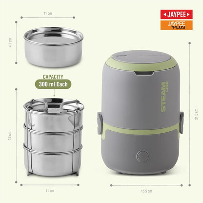 Jaypee Plus Steamline Electric Lunch Box for Office Men & Women Stainless Steel Container 300X3 ml with Bag Pour Water into Base & Food Reheat in 15 Minute with Auto Cut steam Technology,Grey Green