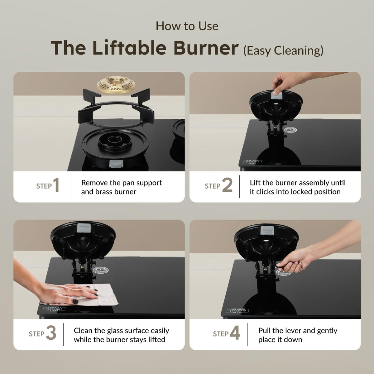 Prestige Svachh Neo 3 Burner Gas Stove | Easy Clean Design-3 Liftable Burners | Toughened Glass Top | Tri-Pin Brass Burners | 1 Jumbo Burner | Ergonomic Knob | Black | 5Y Glass Warranty |ISI Certified
