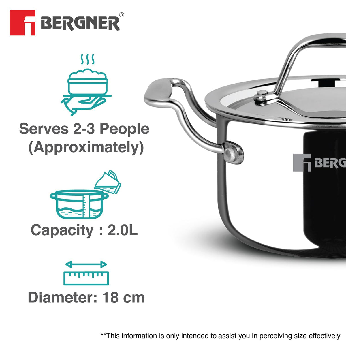 Bergner Argent Junior Chef Triply Stainless Steel 18cm (2 L) Casserole with Stainless Steel Lid, Mini Casserole, Durable, Consumes Less Oil, Healthy Cooking - Induction and Gas Stove Ready