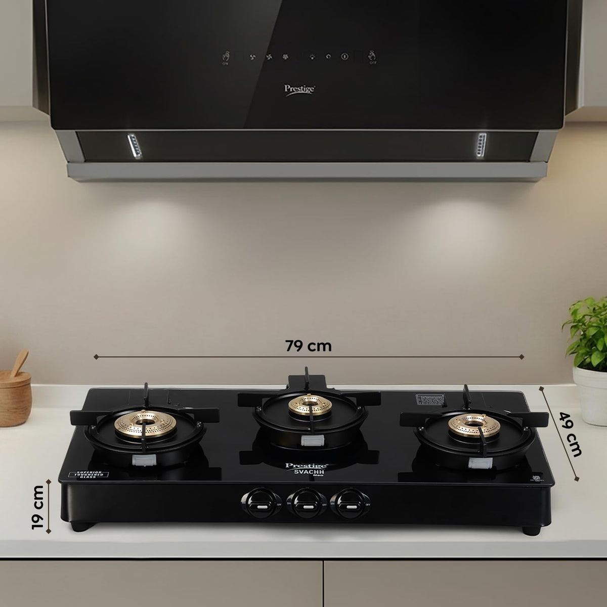Prestige Svachh Neo 3 Burner Gas Stove | Easy Clean Design-3 Liftable Burners | Toughened Glass Top | Tri-Pin Brass Burners | 1 Jumbo Burner | Ergonomic Knob | Black | 5Y Glass Warranty |ISI Certified