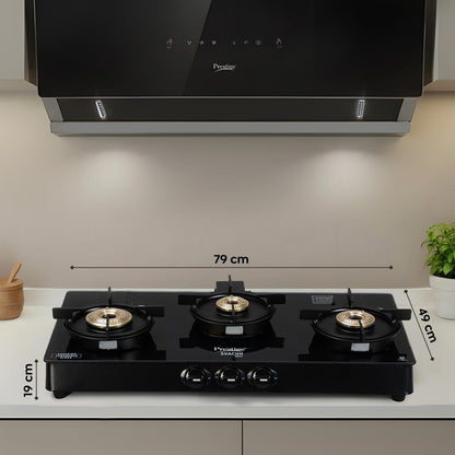 Prestige Svachh Neo 3 Burner Gas Stove | Easy Clean Design-3 Liftable Burners | Toughened Glass Top | Tri-Pin Brass Burners | 1 Jumbo Burner | Ergonomic Knob | Black | 5Y Glass Warranty |ISI Certified