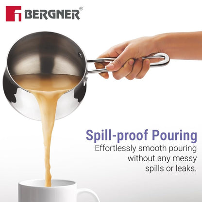 Bergner BE Essentials Tri-Ply 12cm (900ml) Stainless Steel Coffee Warmer/Milk Warmer, Even & Faster Heating, Food Safe, Durable, Easy to Pour, Serve and Clean - Induction Bottom and Gas Stove Ready