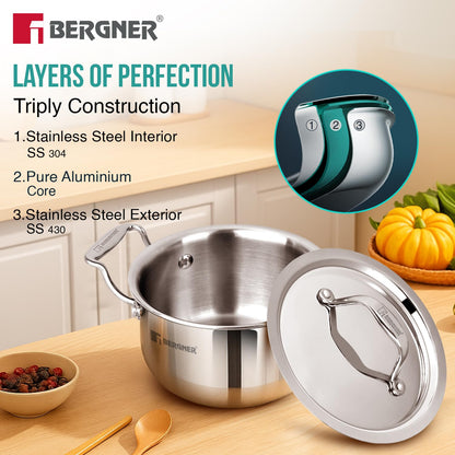 Bergner Argent Junior Chef Triply Stainless Steel 14cm (1.2 L) Casserole with Stainless Steel Lid, Mini Casserole, Durable, Consumes Less Oil, Healthy Cooking - Induction and Gas Stove Ready