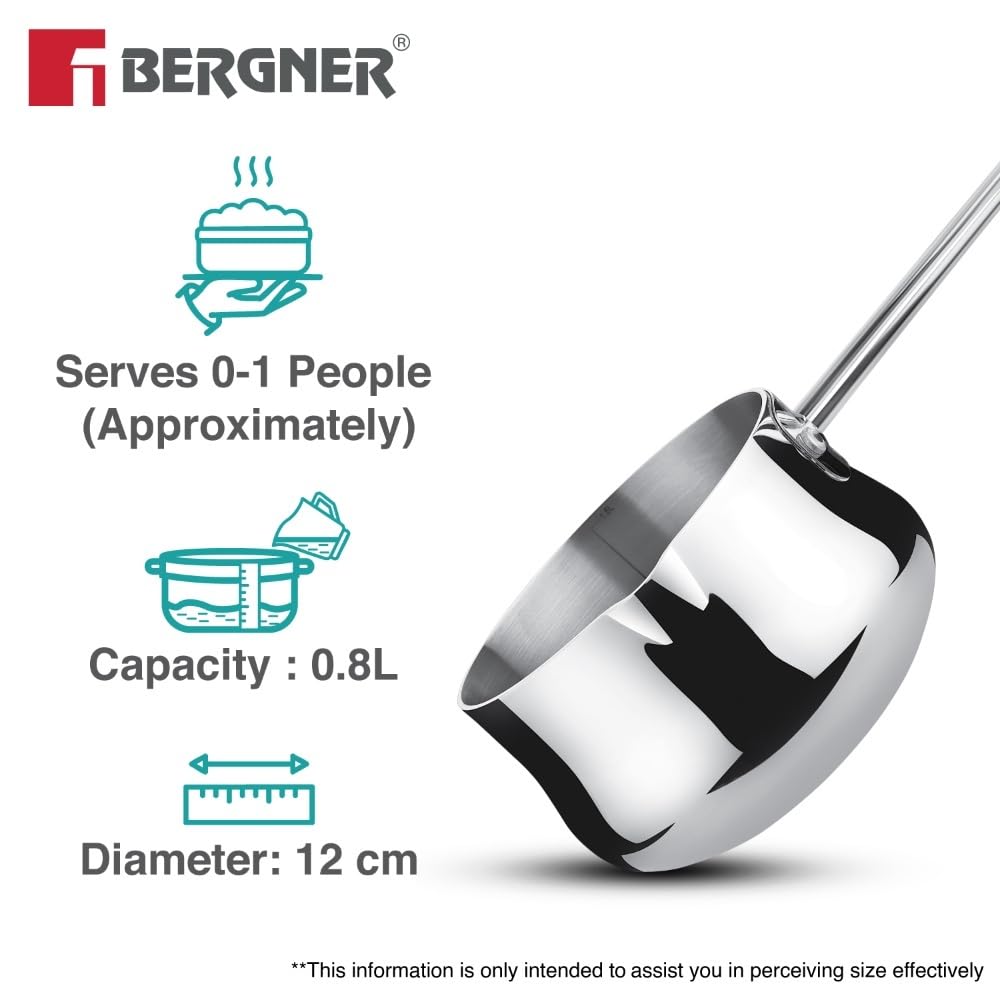 Bergner BE Essentials Tri-Ply 12cm (900ml) Stainless Steel Coffee Warmer/Milk Warmer, Even & Faster Heating, Food Safe, Durable, Easy to Pour, Serve and Clean - Induction Bottom and Gas Stove Ready