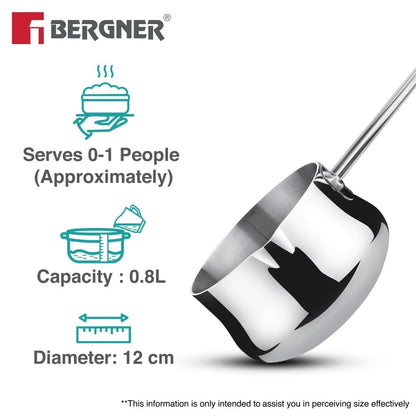 Bergner BE Essentials Tri-Ply 12cm (900ml) Stainless Steel Coffee Warmer/Milk Warmer, Even & Faster Heating, Food Safe, Durable, Easy to Pour, Serve and Clean - Induction Bottom and Gas Stove Ready