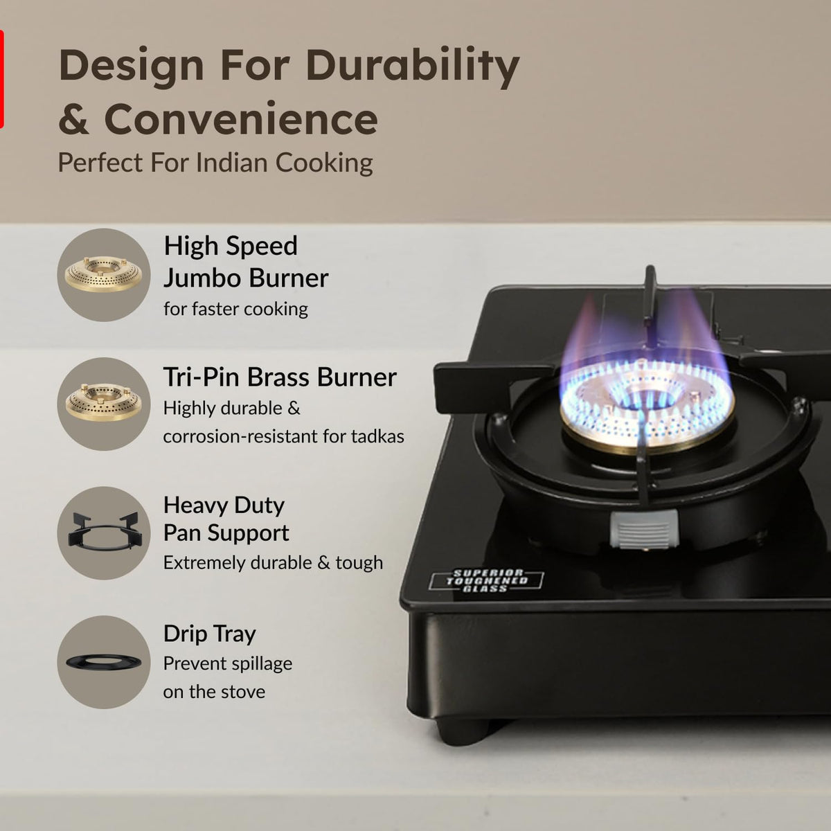 Prestige Svachh Neo 3 Burner Gas Stove | Easy Clean Design-3 Liftable Burners | Toughened Glass Top | Tri-Pin Brass Burners | 1 Jumbo Burner | Ergonomic Knob | Black | 5Y Glass Warranty |ISI Certified