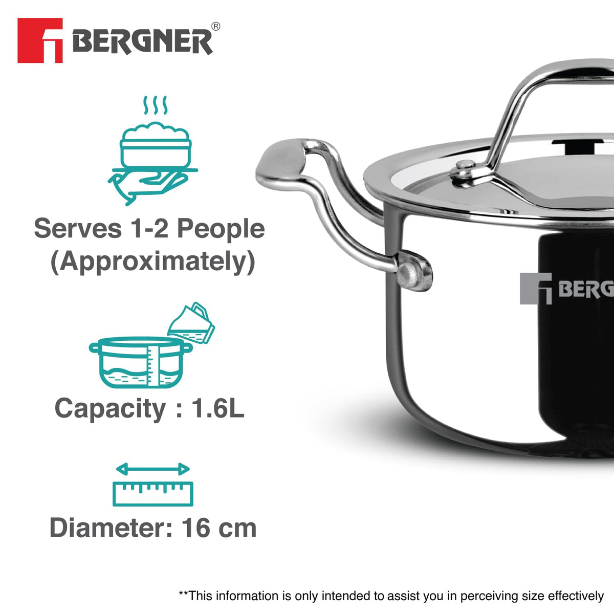 Bergner Argent Junior Chef Triply Stainless Steel 16cm (1.6 L) Casserole with Stainless Steel Lid, Mini Casserole, Durable, Consumes Less Oil, Healthy Cooking - Induction and Gas Stove Ready