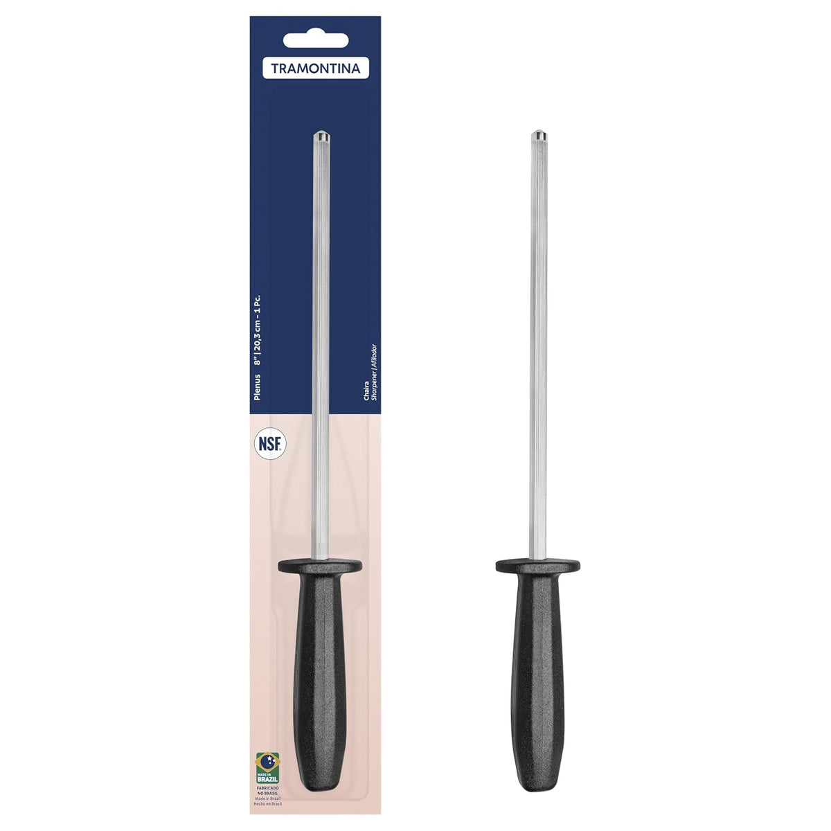 Tramontina Plenus Grooved Sharpening Steel, 8-Inch – Carbon Steel Shaft with Hard Chrome Coating, Black Polypropylene Handle – Knife Sharpener Rod, Dishwasher Safe.