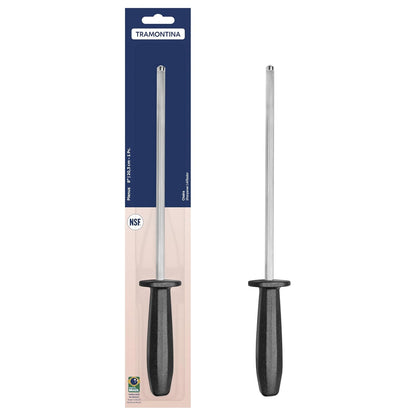 Tramontina Plenus Grooved Sharpening Steel, 8-Inch – Carbon Steel Shaft with Hard Chrome Coating, Black Polypropylene Handle – Knife Sharpener Rod, Dishwasher Safe.