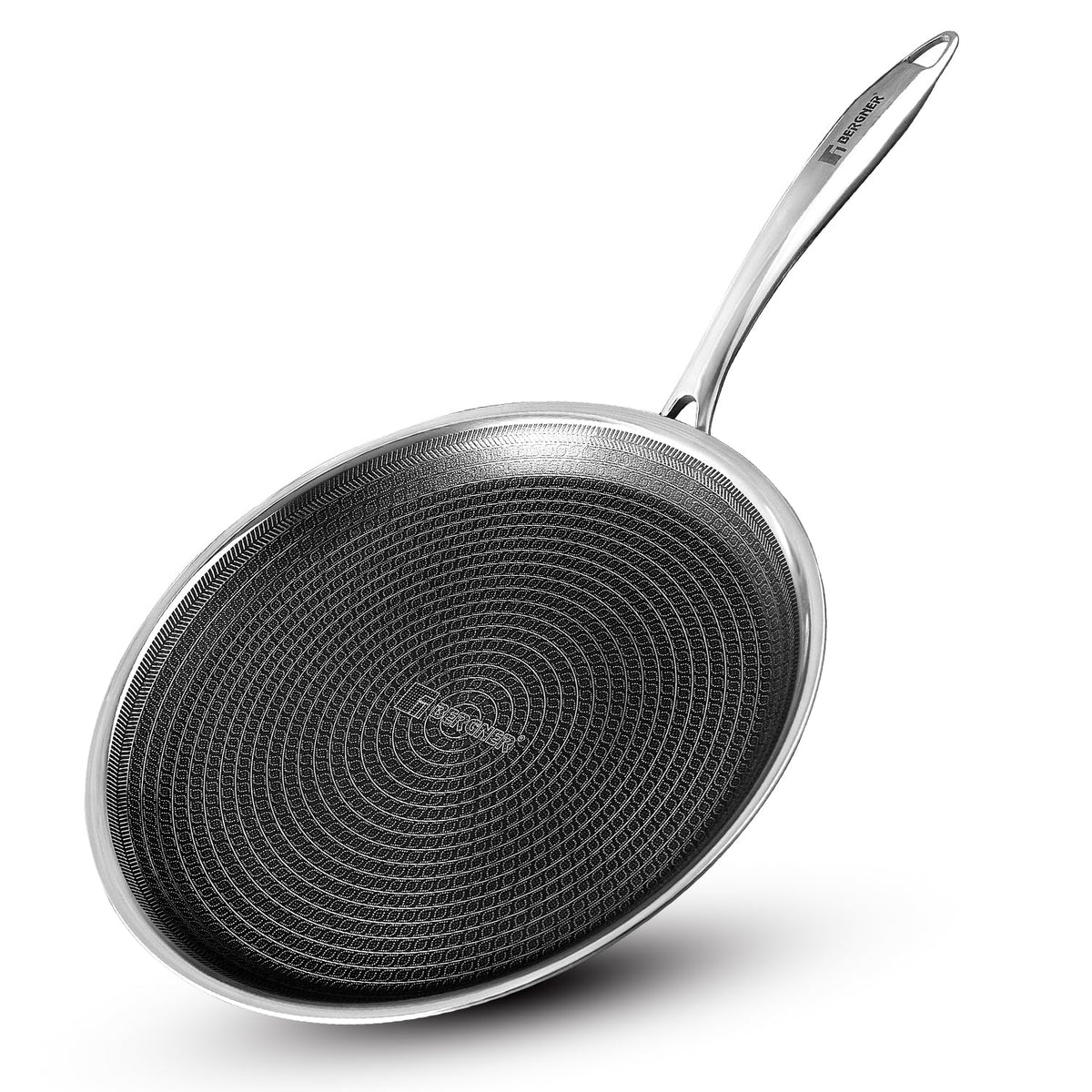 BERGNER Hi-Tech Giro Triply Stainless Steel 30cm Dosa Tawa, Honeycomb Mesh Non-Stick Coating, PFOA Free, Even Heat Distribution, Sturdy and Durable Stay Cool Handle - Induction and Gas Stove Ready