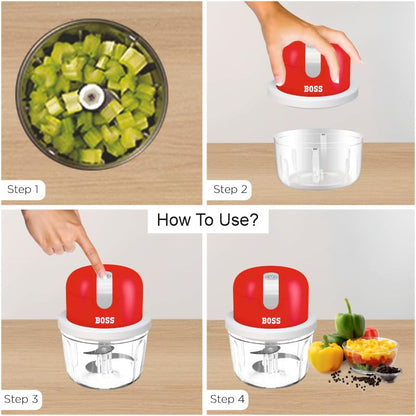 BOSS USB Rechargeable Wireless Electric Chopper with Stainless Steel Blades, One Touch Operation, 10 Seconds Chopping, Mincing Vegetable - 350 ML, 40 Watts, Red
