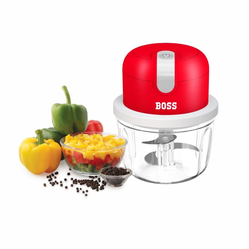 BOSS USB Rechargeable Wireless Electric Chopper with Stainless Steel Blades, One Touch Operation, 10 Seconds Chopping, Mincing Vegetable - 350 ML, 40 Watts, Red