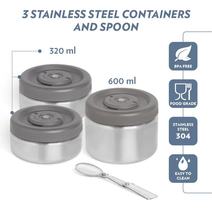Borosil CarryMe Stainless Steel Lunch Box with Bag 3 Pcs Set (320 ml x 2 + 600 ml x 1) Grey