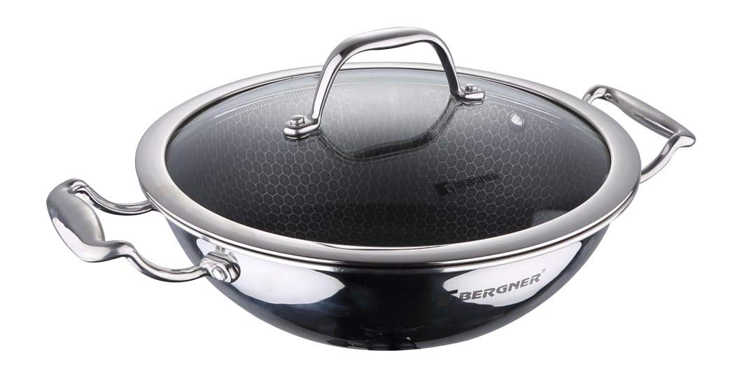 BERGNER Hitech Prism Wok with lid with Titanium Coating, Kadhai with Lid (20Ø x7cm, 1.5L), Silver (BG-31151-MM)