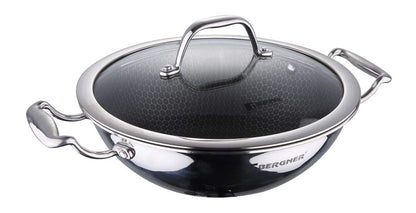 BERGNER Hitech Prism Wok with lid with Titanium Coating, Kadhai with Lid (20Ø x7cm, 1.5L), Silver (BG-31151-MM)