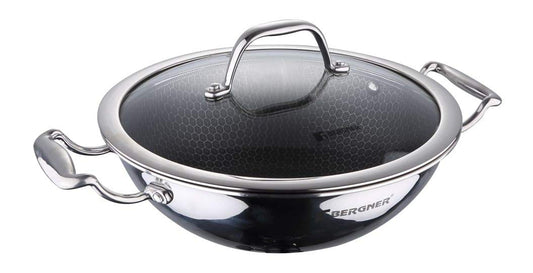 BERGNER Hitech Prism Wok with lid with Titanium Coating, Kadhai with Lid (20Ø x7cm, 1.5L), Silver (BG-31151-MM)