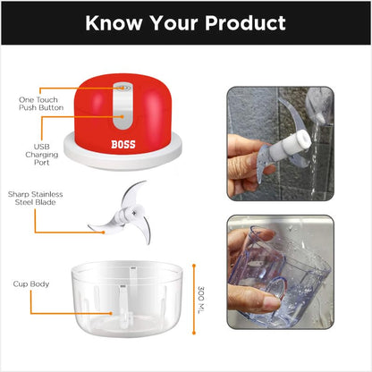 BOSS USB Rechargeable Wireless Electric Chopper with Stainless Steel Blades, One Touch Operation, 10 Seconds Chopping, Mincing Vegetable - 350 ML, 40 Watts, Red