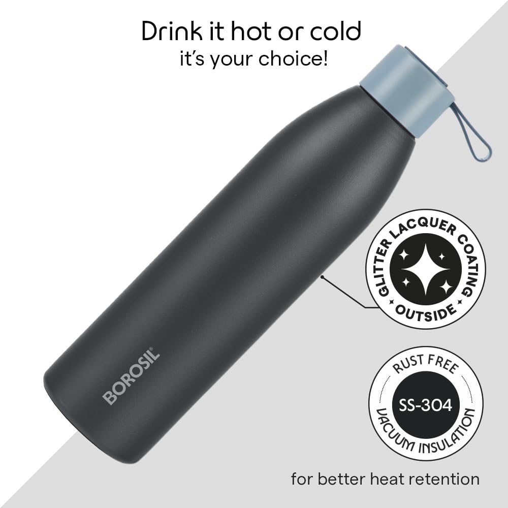 Borosil Hydra 900ml Duomate Black Stainless Steel Bottle