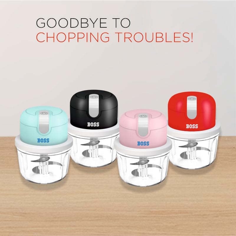 BOSS USB Rechargeable Wireless Electric Chopper with Stainless Steel Blades, One Touch Operation, 10 Seconds Chopping, Mincing Vegetable - 350 ML, 40 Watts, Blue