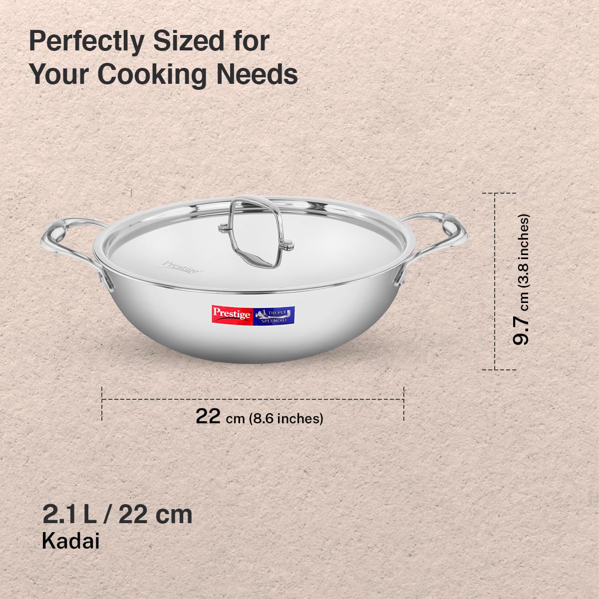 Prestige 22cm/2.1L Tri-Ply Stainless Steel Splendid Kadai with Lid|Gas and Induction Compatible|Even Heat Distribution| Thick Gauge Tri-Ply Body| Perma Cool Handles|15 Year Warranty