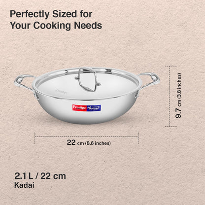 Prestige 22cm/2.1L Tri-Ply Stainless Steel Splendid Kadai with Lid|Gas and Induction Compatible|Even Heat Distribution| Thick Gauge Tri-Ply Body| Perma Cool Handles|15 Year Warranty