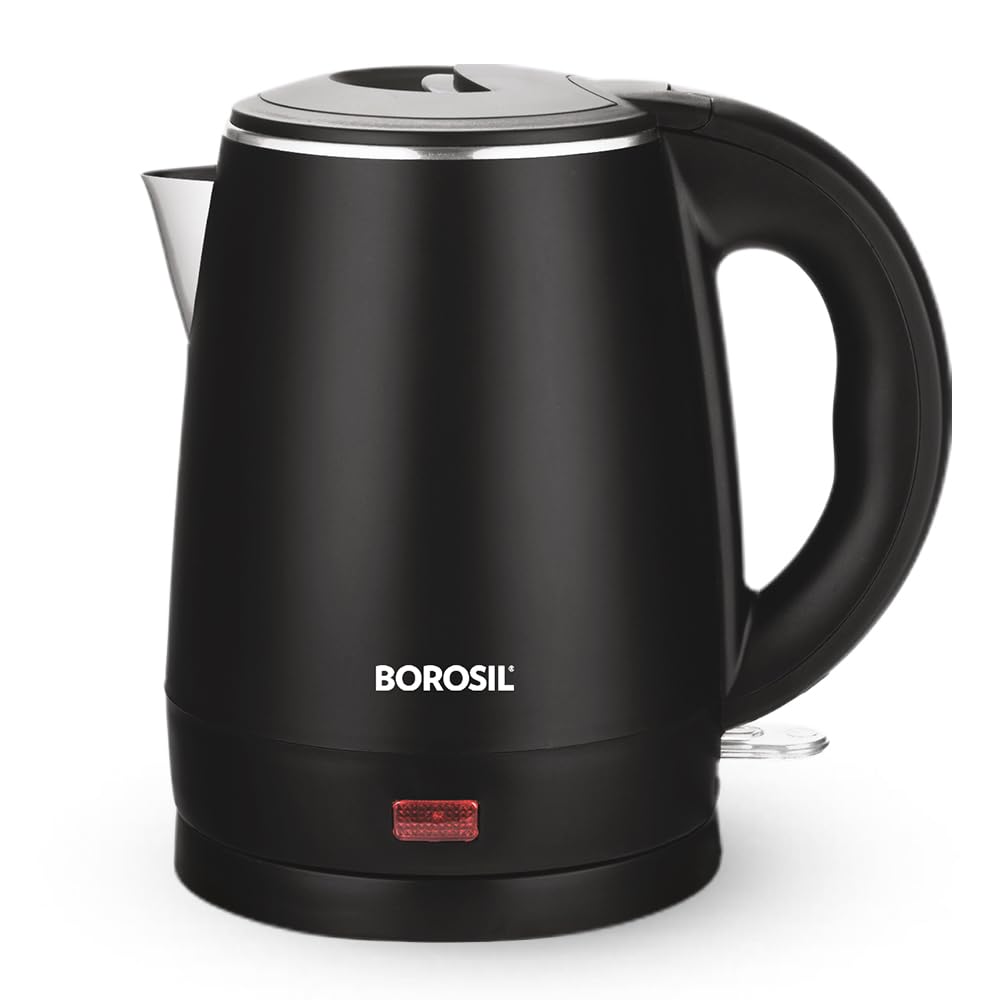 Borosil 1.2L 1350W Cooltouch Multipurpose Electric Kettle | Auto Shut off | Wide Mouth | 304 Food Grade Stainless Steel with Double Wall Cooltouch Exterior | 2 year Warranty | Black
