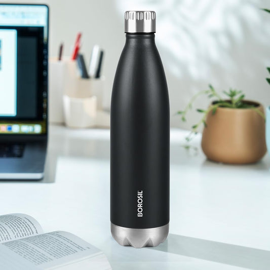 Borosil 500 ml Hydra Bolt Matte Black Stainless Steel Water Bottle | Double Wall Vacuum Insulated Flask | 24 Hours Hot and Cold | Bottle for Office, Gym, School | 1 Year Warranty