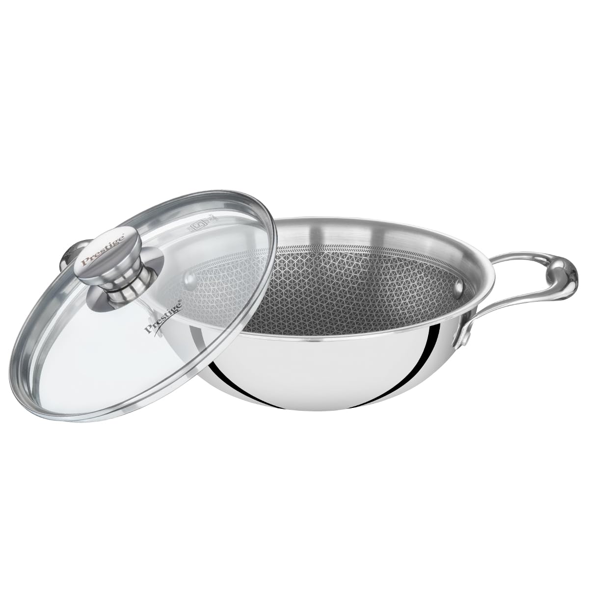 Prestige 24cm/2.7L Tri-Ply Stainless Steel Hexamagic Kadai with Lid| Honeycomb Structure|Durability of Triply|Metal Spoon Friendly| Gas & Induction Compatible|Dishwasher Safe|Low Oil Consumption|Grey