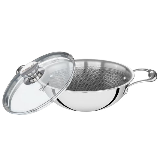Prestige 24cm/2.7L Tri-Ply Stainless Steel Hexamagic Kadai with Lid| Honeycomb Structure|Durability of Triply|Metal Spoon Friendly| Gas & Induction Compatible|Dishwasher Safe|Low Oil Consumption|Grey