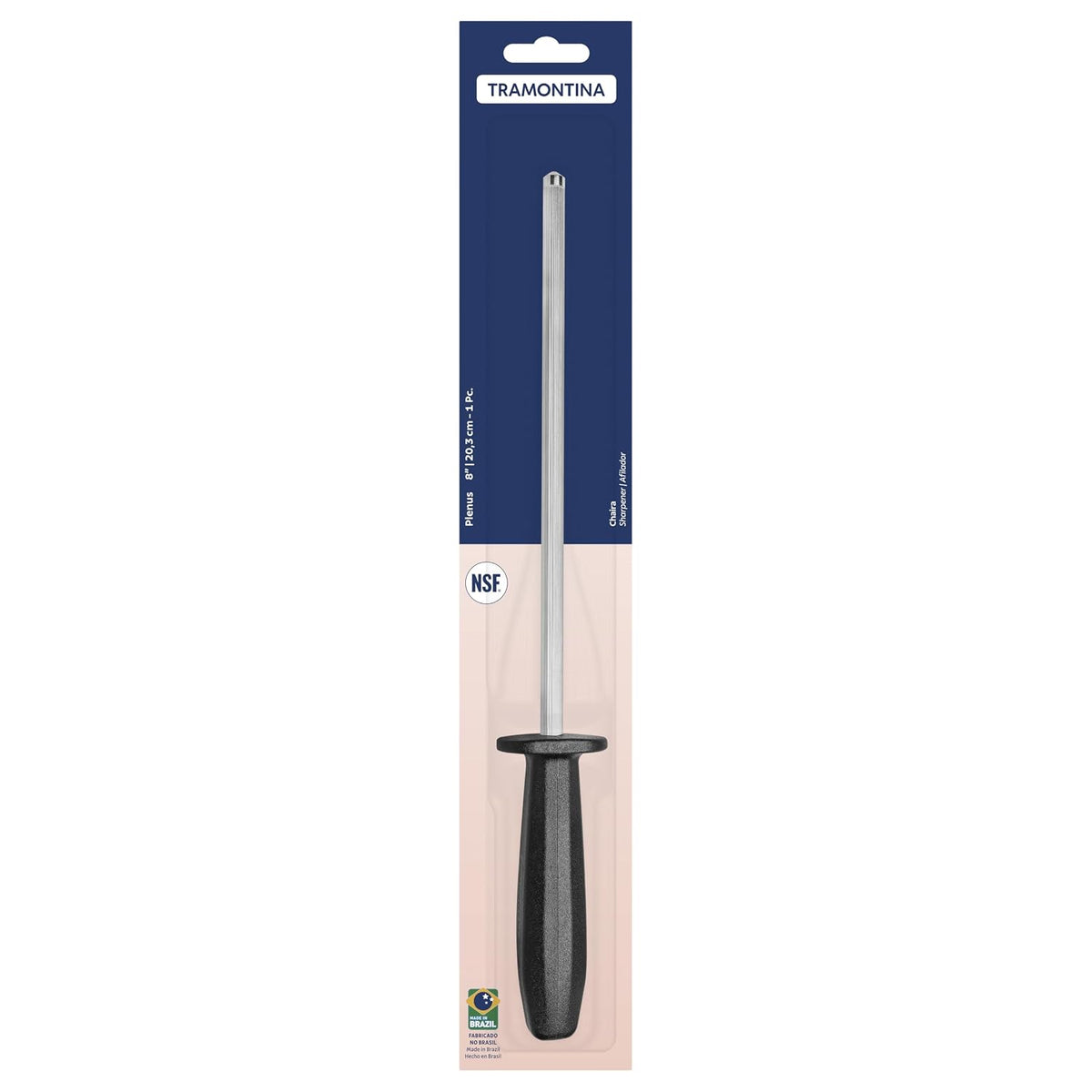 Tramontina Plenus Grooved Sharpening Steel, 8-Inch – Carbon Steel Shaft with Hard Chrome Coating, Black Polypropylene Handle – Knife Sharpener Rod, Dishwasher Safe.