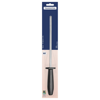 Tramontina Plenus Grooved Sharpening Steel, 8-Inch – Carbon Steel Shaft with Hard Chrome Coating, Black Polypropylene Handle – Knife Sharpener Rod, Dishwasher Safe.