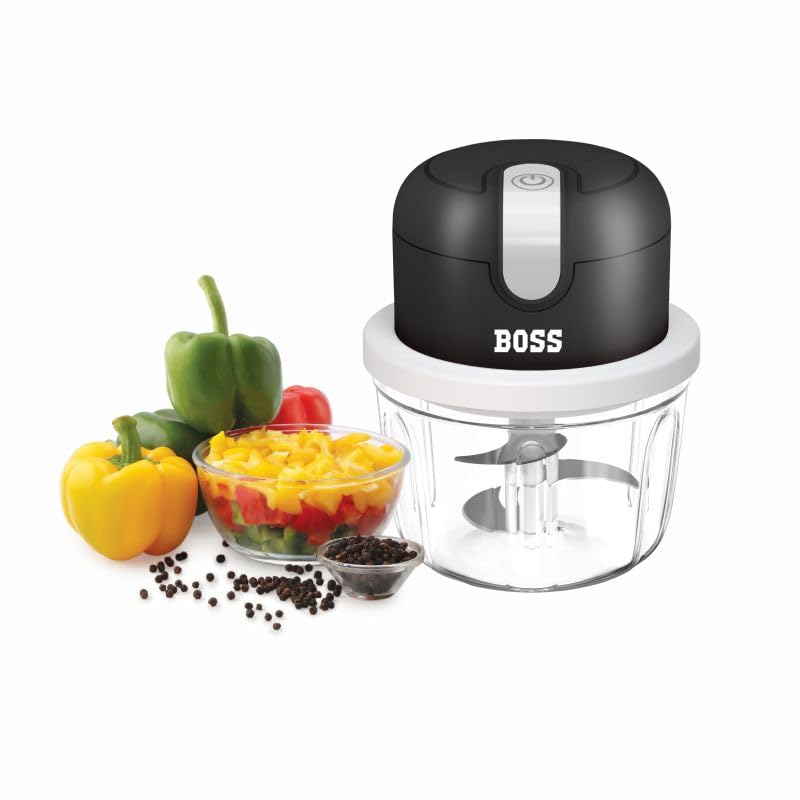 BOSS USB Rechargeable Wireless Electric Chopper with Stainless Steel Blades, One Touch Operation, 10 Seconds Chopping, Mincing Vegetable - 350 ML, 40 Watts, Black