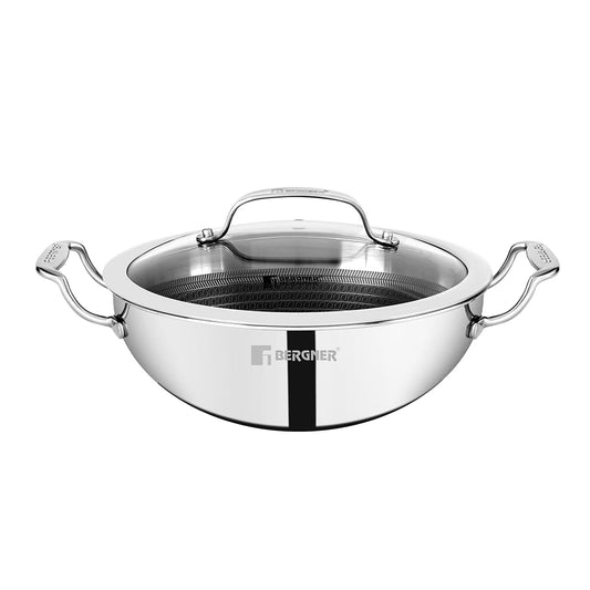 Bergner Hi-Tech TriPly Stainless Steel 24cm (2.5L) Kadai with Glass Lid, Honeycomb Non-Stick Coating