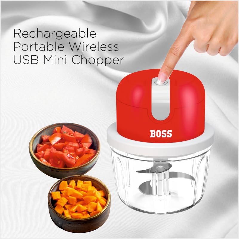 BOSS USB Rechargeable Wireless Electric Chopper with Stainless Steel Blades, One Touch Operation, 10 Seconds Chopping, Mincing Vegetable - 350 ML, 40 Watts, Red