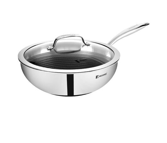 Bergner Hi-Tech TriPly Stainless Steel 24cm (3.1 L) Wok with Glass Lid, Honeycomb Non-Stick Coating Chinese Kadai