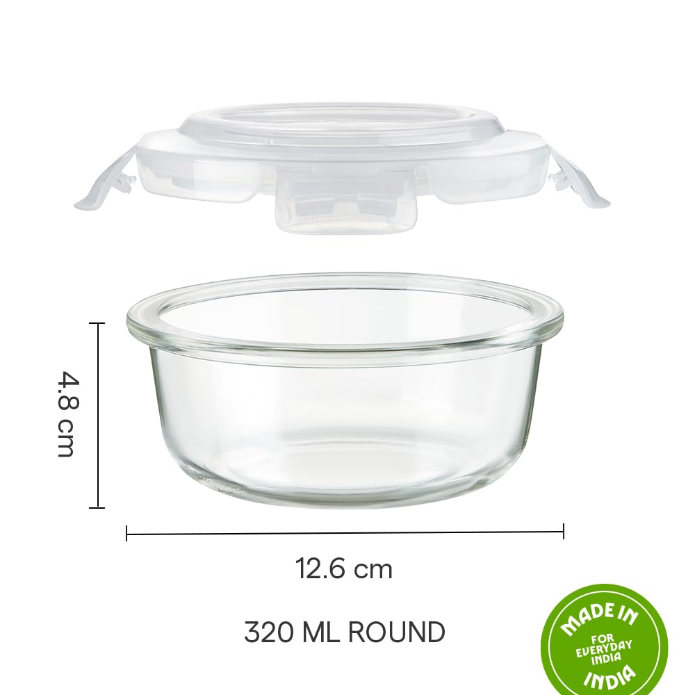 Borosil Klip N Store 320ml Round Glass Food Storage Container with Air Tight Lid
