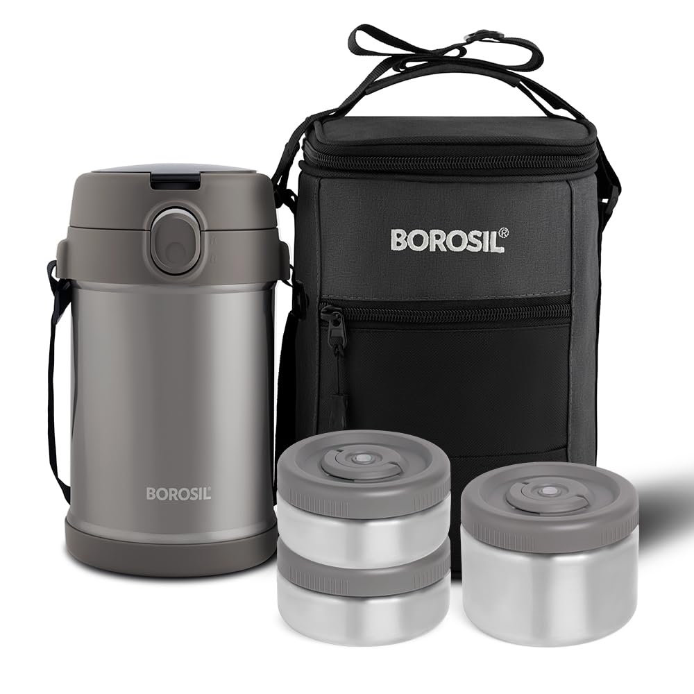 Borosil CarryMe Stainless Steel Lunch Box with Bag 3 Pcs Set (320 ml x 2 + 600 ml x 1) Grey