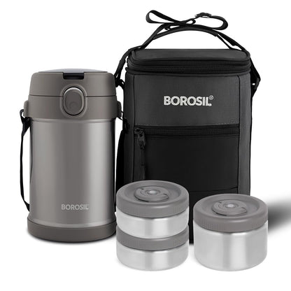 Borosil CarryMe Stainless Steel Lunch Box with Bag 3 Pcs Set (320 ml x 2 + 600 ml x 1) Grey