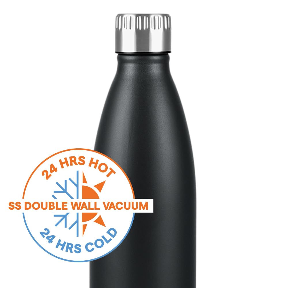 Borosil 500 ml Hydra Bolt Matte Black Stainless Steel Water Bottle | Double Wall Vacuum Insulated Flask | 24 Hours Hot and Cold | Bottle for Office, Gym, School | 1 Year Warranty