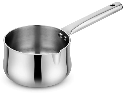 Prabha Elante Stainless Steel Curve Saucepan with Spill-Free Lip, Easy Grip, Durable & Rust-Resistant, Dishwasher Safe, Perfect for Boiling Milk, Tea, Coffee, Sauces & Everyday Cooking 12 Cm- 0.85 Ltr