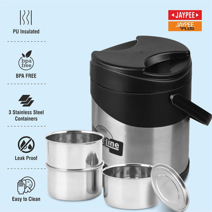 JAYPEE Lunchline Pro Stainless Steel 3 Container (380mlx3) Office Lunch Box 1140 ml with Steel Dish & Pu Insulated Washable Bag Spillproof Lunch Box for Man & Women with Carry Handle Tiffin Box,Black