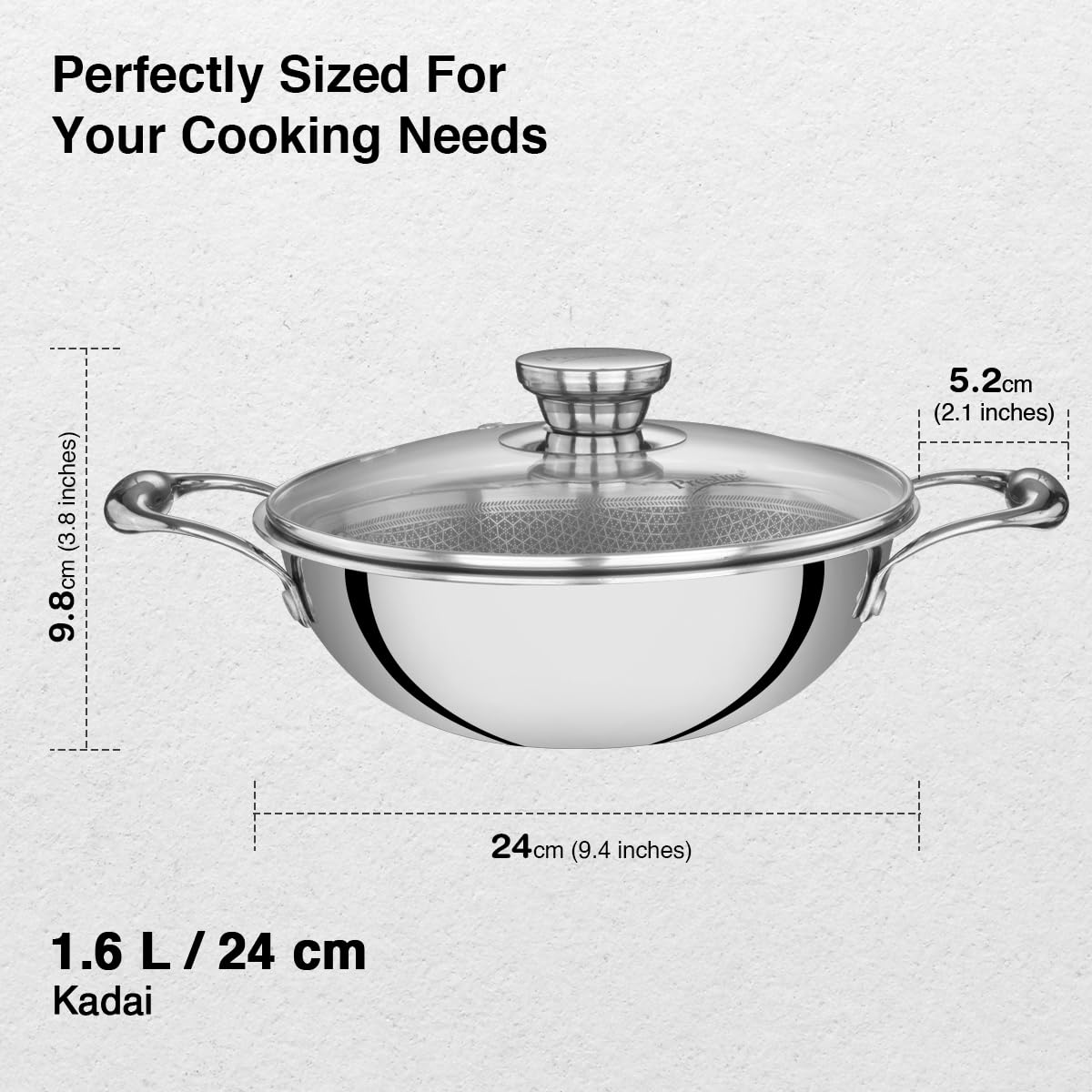 Prestige 24cm/2.7L Tri-Ply Stainless Steel Hexamagic Kadai with Lid| Honeycomb Structure|Durability of Triply|Metal Spoon Friendly| Gas & Induction Compatible|Dishwasher Safe|Low Oil Consumption|Grey