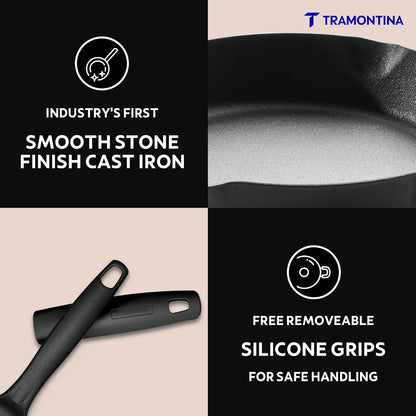 TRAMONTINA Titanex 24cm Cast Iron Fry Pan – Pre-Seasoned Skillet with Pour Spouts | Saute, Stir-Fry, Deep Fry, Sear & Bake | Gas & Induction Compatible | Natural Stone Finish