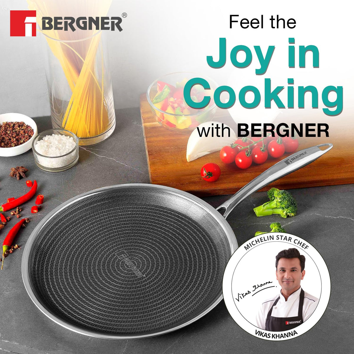 BERGNER Hi-Tech Giro Triply Stainless Steel 30cm Dosa Tawa, Honeycomb Mesh Non-Stick Coating, PFOA Free, Even Heat Distribution, Sturdy and Durable Stay Cool Handle - Induction and Gas Stove Ready