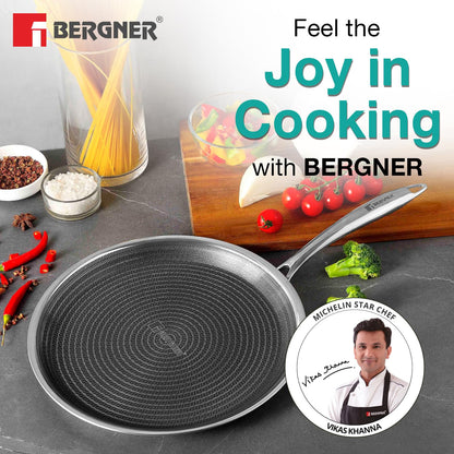 BERGNER Hi-Tech Giro Triply Stainless Steel 30cm Dosa Tawa, Honeycomb Mesh Non-Stick Coating, PFOA Free, Even Heat Distribution, Sturdy and Durable Stay Cool Handle - Induction and Gas Stove Ready