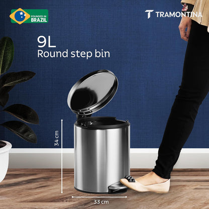 TRAMONTINA 9 Litre Stainless Steel Step Dustbin | Fingerprint-Resistant Finish | Soft-Close Lid | Removable Inner Bucket | Round Trash Can for Home, Office & Hospitality