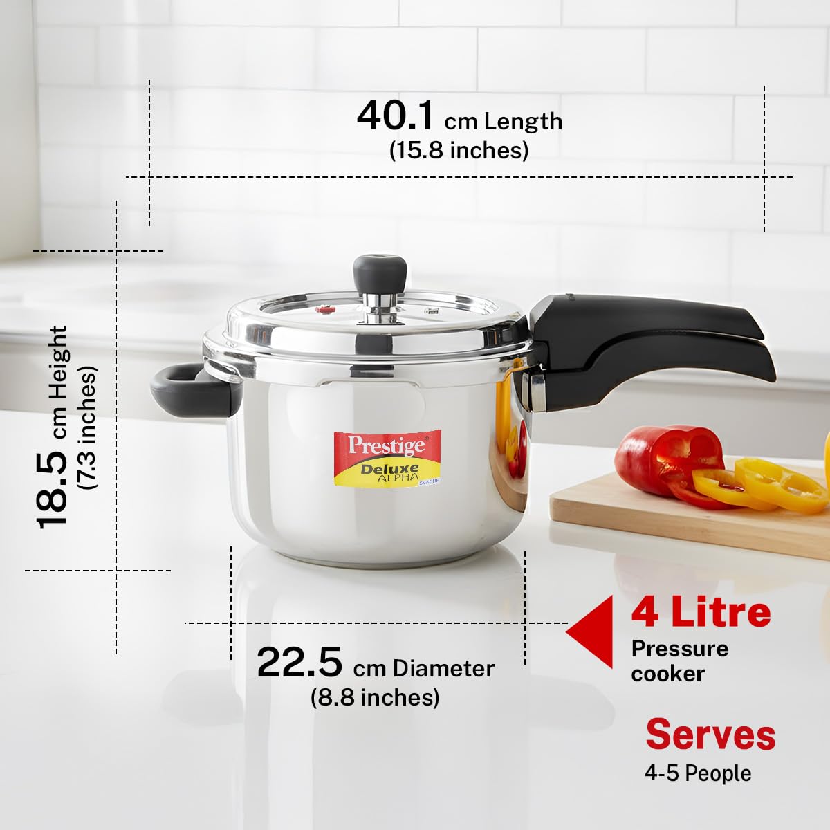 Prestige 4 Litre Stainless Steel Deluxe Alpha Svachh Outerlid Pressure Cooker |Deep lid for spillage control|10 years warranty|Gas & Induction compatible|Gasket release system|ISI Certified
